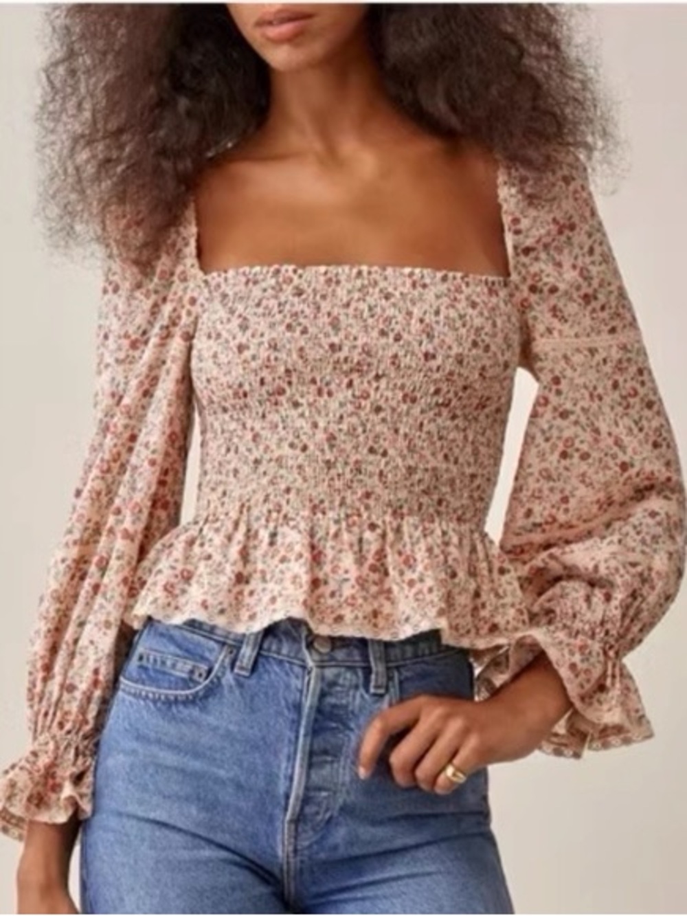 Reformation Blush Floral Smocked Square-Neck Peplum Top